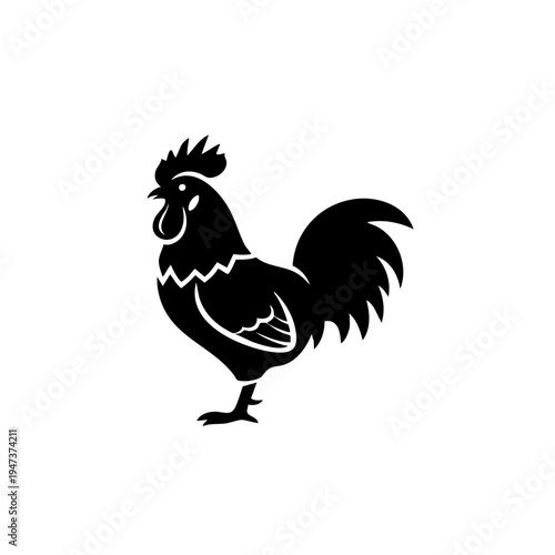 A stylized black silhouette of a rooster standing upright with a prominent comb and wattle
