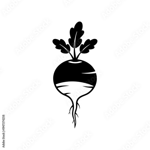 Black and white illustration of a radish with green leafy tops sprouting from the soil