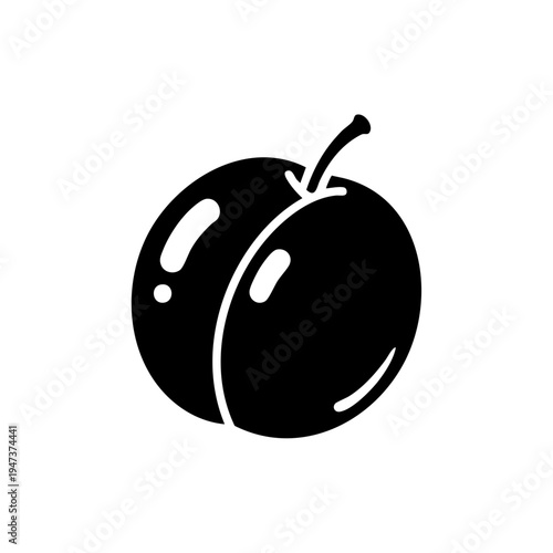 Black and white illustration of a pair of plums with a stem