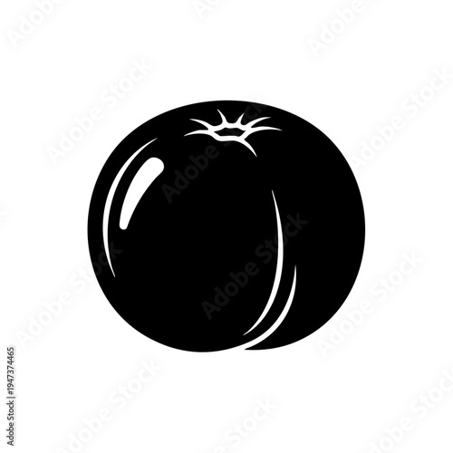A sleek and stylized black spherical fruit with a subtle stem and leaf design