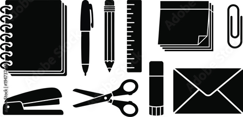 A collection of essential black silhouette office supplies includes a stapler, scissors, pens, ruler, and adhesive notes for organization.