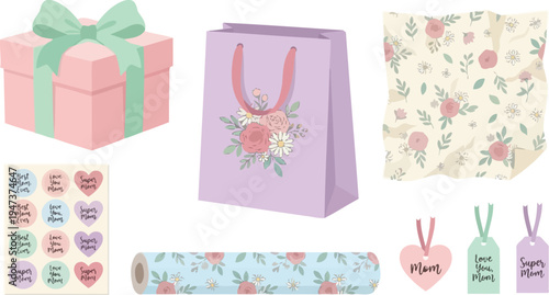 Pastel colored gift wrapping supplies including a box, bag, stickers, and floral paper rolls are displayed for celebration.