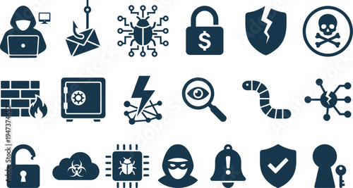 Collection of dark blue cybersecurity icons representing hacking threats, protection measures, and network security concepts.