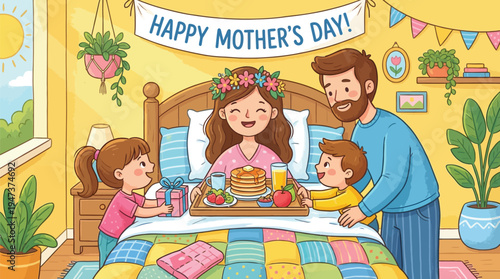 A happy mother receives a breakfast in bed tray from her smiling daughter and son while her husband stands nearby in a sunny bedroom.