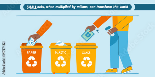 People sorting recyclable waste into paper, plastic and glass bins. Environmental sustainability concept promoting recycling habits, waste management and eco friendly lifestyle.
