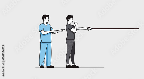 Physical therapist guiding patient performing resistance band exercise for shoulder rehabilitation