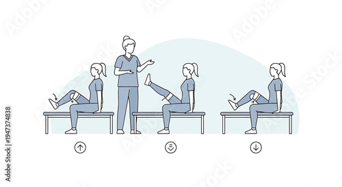 Physical therapist guiding patient through leg extension exercises on a bench