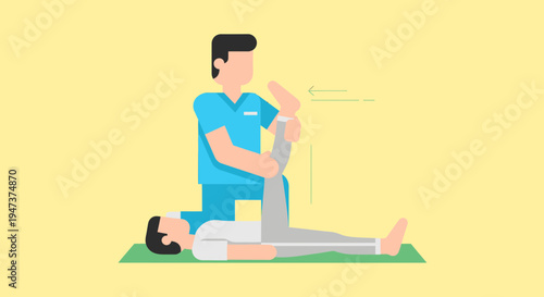 Physical therapist stretching patient's leg on mat, rehabilitation and recovery concept
