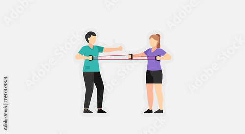Physical therapy patient and therapist exercising with resistance band