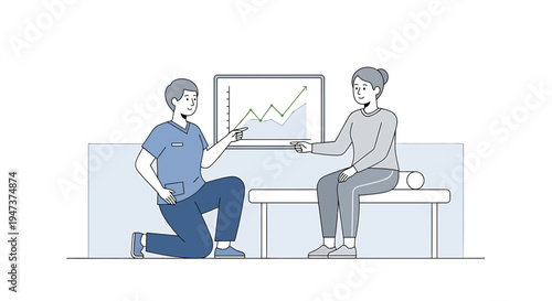 Physical therapist showing progress chart to patient on bench, rehabilitation concept