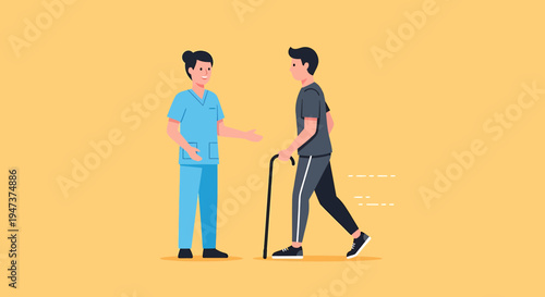 Physical therapy patient walking with cane, caregiver assisting, rehabilitation concept