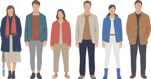 Flat Vector Illustration of Diverse Young People Standing Together Wearing Modern Casual Autumn Jackets and Outerwear Isolated on White Background for Seasonal Fashion Concept