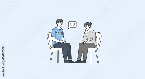Two people talking in chairs, heart symbol in speech bubble, mental health support, therapy session