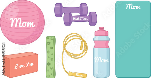 A collection of fitness and exercise equipment items are displayed against a white background for wellness promotion.