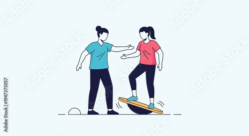 Two people practicing balance and coordination on a balance board, fitness and teamwork