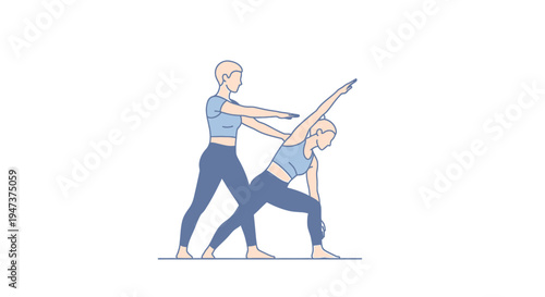 Two women practicing yoga together, one assisting the other in a side angle pose.