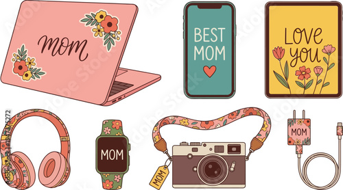 Assorted modern technology and accessories decorated with floral patterns and 'Mom' text for a personalized gift concept.