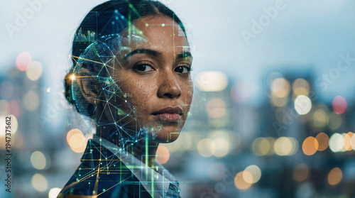 Confident woman visualizes global digital network in a modern urban environment