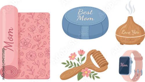 Various wellness and self-care items for Mother's Day including a yoga mat, diffuser, and smartwatch are displayed against a white background.