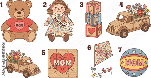 A grouping of seven vintage-style toys and decorative items celebrating motherhood, such as a teddy bear, rag doll, blocks, and toy trucks, are presented.