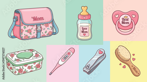 A collection of baby care essentials including a diaper bag, bottle, pacifier, wipes, thermometer, nail clipper, and brush are displayed on pastel backgrounds.