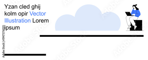 Remote work, cloud computing, digital creativity, online learning, freelance jobs, and communication. A woman sits typing on a laptop next to a cloud icon. Remote work and cloud computing concept