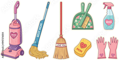 A set of pink and blue cleaning supplies, including a vacuum cleaner, mop, broom, dustpan, sponge, and gloves, is arranged for household chores.