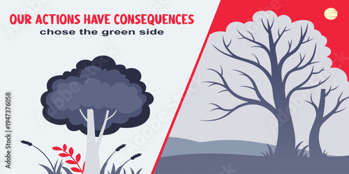 Environmental illustration showing healthy tree versus dead tree representing climate change impact. Concept of ecological responsibility, sustainability awareness and choosing the green future.