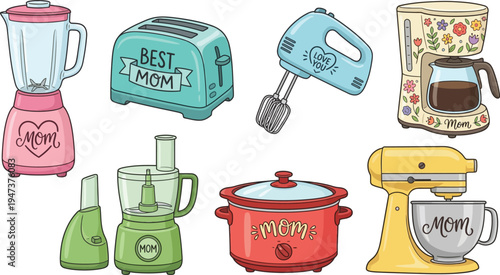 Various kitchen small appliances including a pink blender, turquoise toaster, green food processor, and yellow stand mixer are colorfully illustrated with mother-themed text.