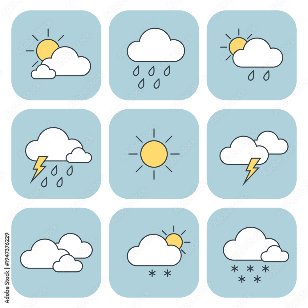 Obraz premium Comprehensive weather icon set featuring sun, clouds, rain, lightning, and snow symbols. Hand drawn vector illustrations