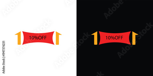Red banners with 10 percent off text and yellow arrows on white and black backgrounds discount sign