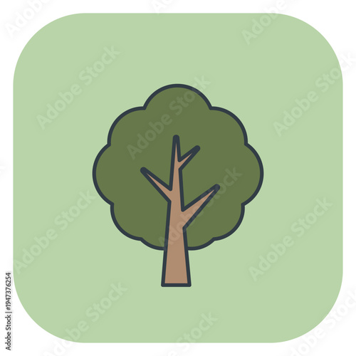 Green deciduous tree with brown trunk flat vector icon on light green background. Vector illustration for spring design