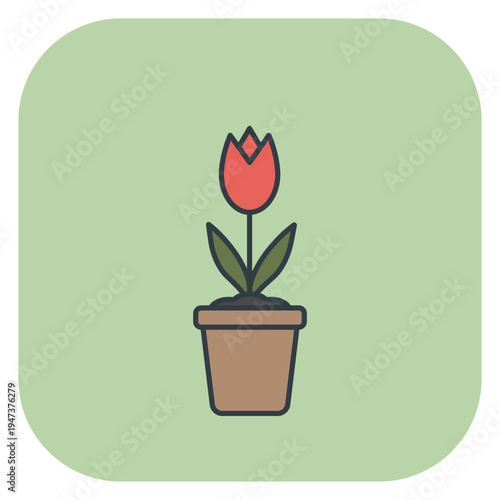 Red tulip flower growing in a brown clay pot vector icon. Vector illustration for spring design