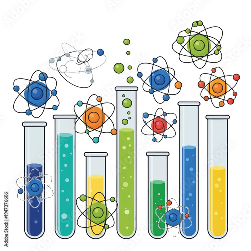 Colorful laboratory test tubes with varied liquids and atomic motifs in a science themed arrangement.