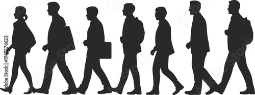 Full Length Silhouette Set of Diverse Business Professionals and Students Carrying Backpacks and Bags Walking in Row Isolated on White Background for Urban Commuter Concept