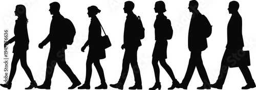 Full Length Silhouette Set of Diverse Business Professionals and Students Carrying Backpacks Walking in a Row Isolated on White Background for Urban Commuter Concept