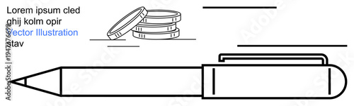 Writing tools, currency transactions, office supplies, finance, documentation, note-taking. A minimalist line art pen and stacked coins. Writing tools and currency transactions concept
