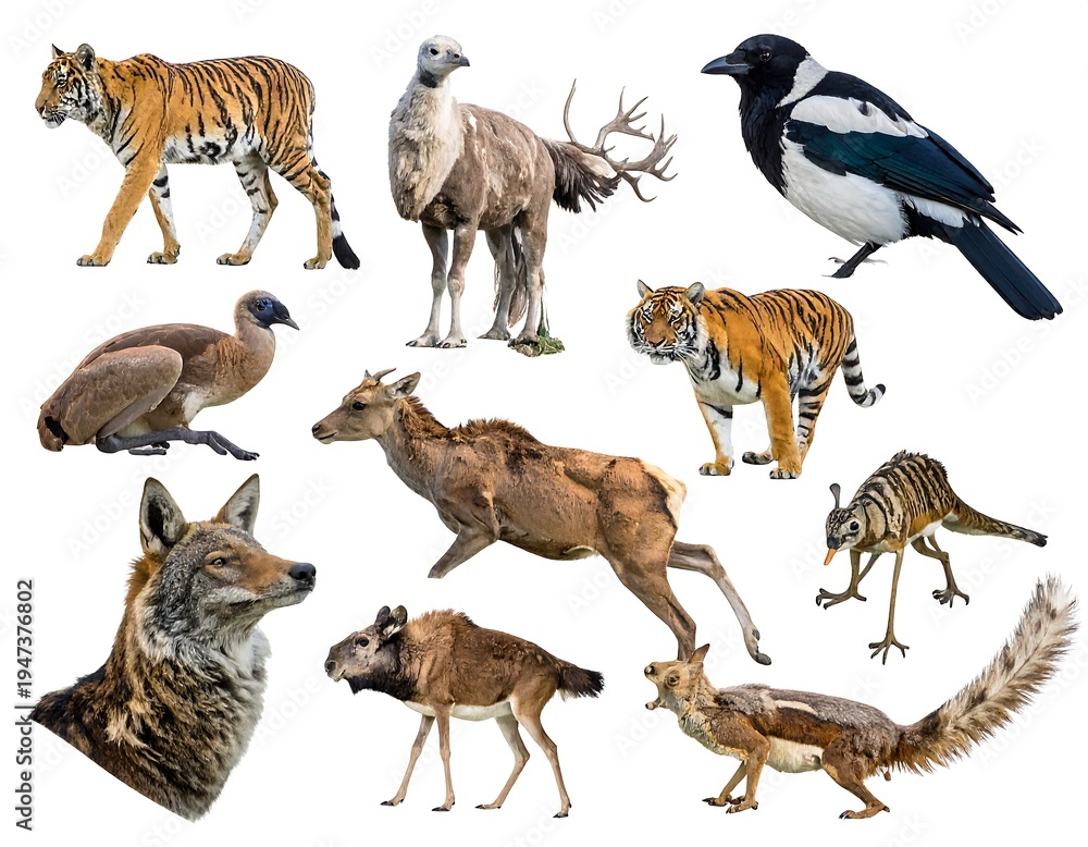 Fototapeta premium Collage of various wild animals, including tigers, deer, birds, and others, isolated against a white background