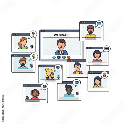 Diverse group participating in a virtual webinar during an online conference session.