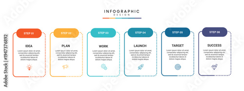 A colorful infographic template with six steps for business planning and success