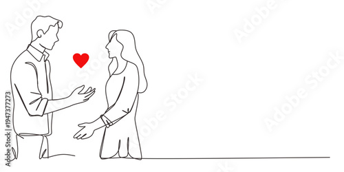 Continuous one line drawing of man gives a red heart to the woman's hands. concept of charity, love, donate and helping hand. International cardiology day.Hand drawn one line vector. Editable stroke.