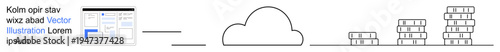Cloud computing, data storage, technology infrastructure, digital services, information systems, scalability. A cloud and stacks of blocks linked to a website interface. Cloud computing and data
