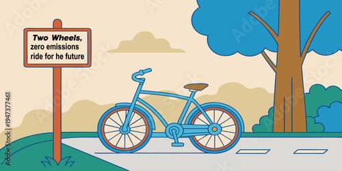 Bicycle parked near sign promoting zero emissions transportation. Concept of sustainable mobility, green urban lifestyle, climate friendly travel and reducing carbon footprint.