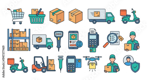 E-commerce Logistics and Online Shopping Icon Set with Delivery Truck and Shopping Basket Vector
