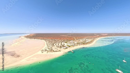 Wallpaper Mural Aerial View of Monkey Mia Dolphin Resort Beach, Jetties and Turquoise Water Along a Quiet Coastal Resort Village, Denham, Francois Peron NP, Shark Bay, Western Australia. Torontodigital.ca