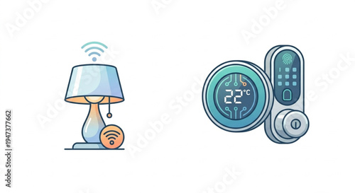 Smart Home Technology Icons Featuring Intelligent Lamp Thermostat and Digital Door Lock Vector