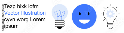 Creativity, innovation, brainstorming, positivity, conceptual thinking, problem-solving. Graphic includes a light bulb, smiling face and gear detail. Creativity and innovation concept