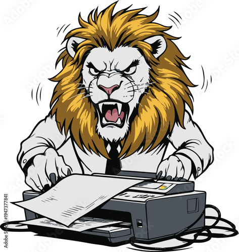  Lion office boss shouting angrily at broken printer machine, minimal vector mascot illustration, bold black outline, clean line art, white background 1