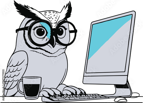 Owl night designer staring at computer screen with large coffee mug, flat vector illustration, bold black outline, clean minimal line art, sticker friendly, white background