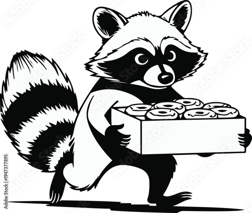 Raccoon thief sneaking away with box of donuts, clean minimal vector line art, bold thick black outline, simple shapes, isolated object, white background